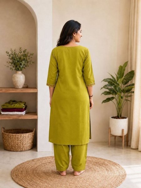 Traditional Parrot Green Cotton Embroidered Kurti Pant Set for Women Lightweight Daily Wear  Embroidery Kurtis 