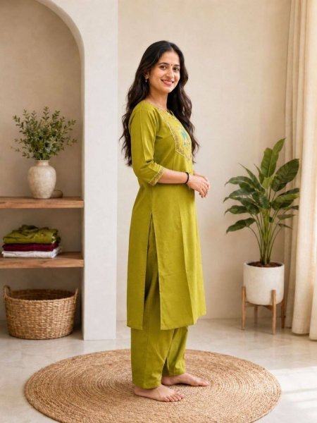 Traditional Parrot Green Cotton Embroidered Kurti Pant Set for Women Lightweight Daily Wear  Embroidery Kurtis 