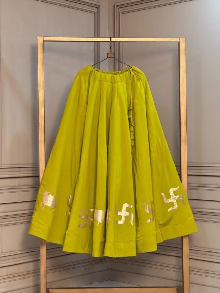 Traditional Parrot Green Roman Lehenga with Cow and Swastik Gota Work at Navrati  Lehenga