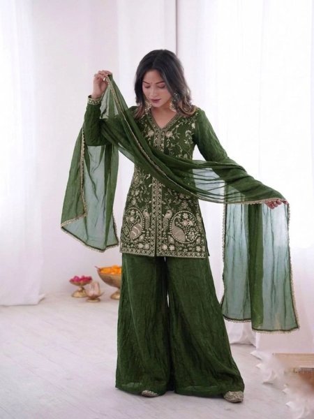 Traditional Party Wear Green Silk Embroidered Palazzo Suit with Dupatta Ready To Wear Suit