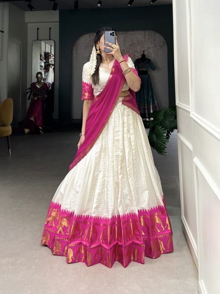  Traditional Poly Cotton Lehenga Set with Zari Weaving   Georgette Dupatta Half Saree Lehenga