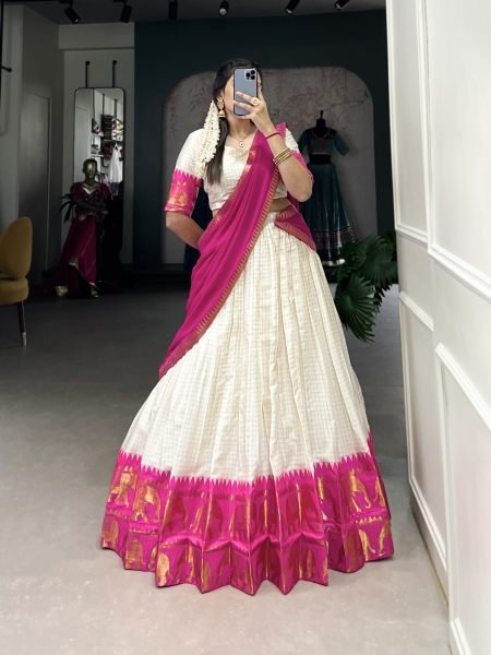  Traditional Poly Cotton Lehenga Set with Zari Weaving   Georgette Dupatta Half Saree Lehenga