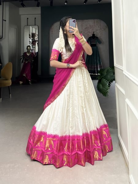  Traditional Poly Cotton Lehenga Set with Zari Weaving   Georgette Dupatta Half Saree Lehenga