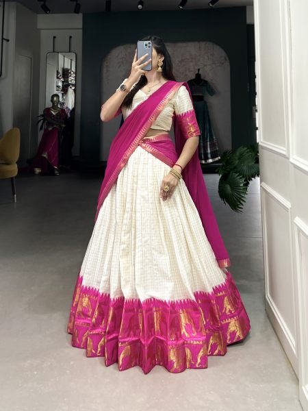  Traditional Poly Cotton Lehenga Set with Zari Weaving   Georgette Dupatta Half Saree Lehenga