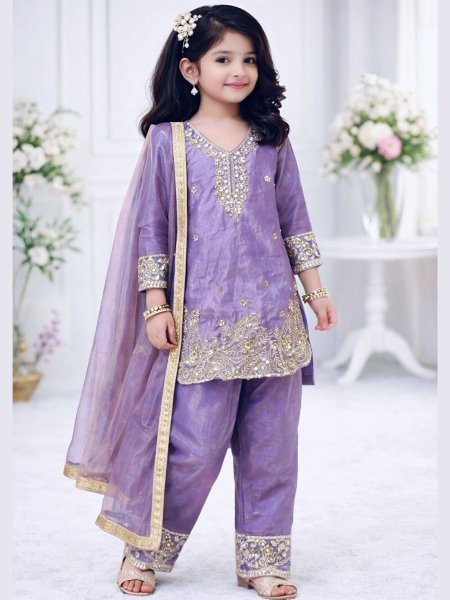 Traditional Purple Crepe Silk Girls  Kameez with Sharara   Dupatta  Kurtis