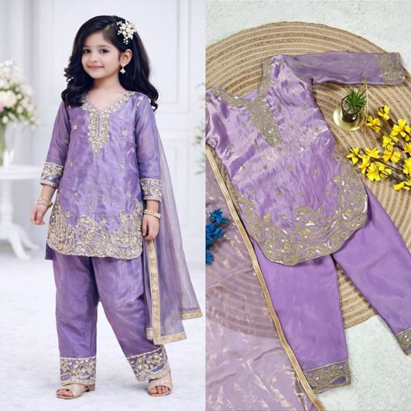 Traditional Purple Crepe Silk Girls  Kameez with Sharara   Dupatta  Girls Wear