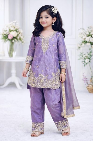 Traditional Purple Crepe Silk Girls  Kameez with Sharara   Dupatta  Girls Wear