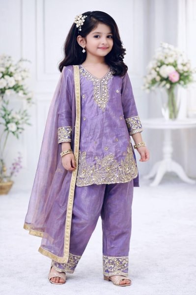 Traditional Purple Crepe Silk Girls  Kameez with Sharara   Dupatta  Girls Wear