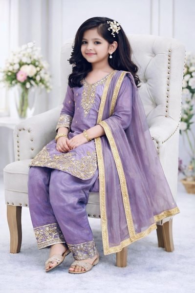 Traditional Purple Crepe Silk Girls  Kameez with Sharara   Dupatta  Girls Wear