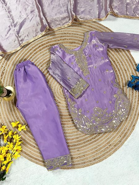 Traditional Purple Crepe Silk Girls  Kameez with Sharara   Dupatta  Girls Wear