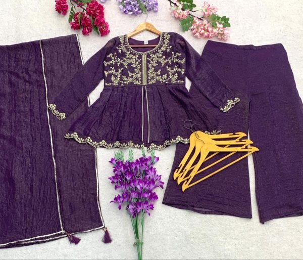 Traditional purple Embroidered Kurti with Dupatta and Bottom Embroidery Kurtis 