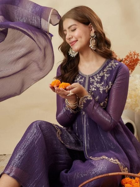 Traditional purple Embroidered Kurti with Dupatta and Bottom Embroidery Kurtis 