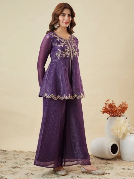 Traditional purple Embroidered Kurti with Dupatta and Bottom Embroidery Kurtis 