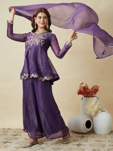 Traditional purple Embroidered Kurti with Dupatta and Bottom Embroidery Kurtis 