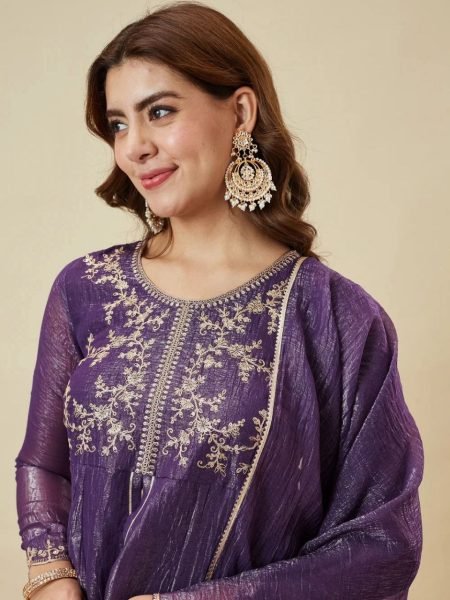 Traditional purple Embroidered Kurti with Dupatta and Bottom Embroidery Kurtis 