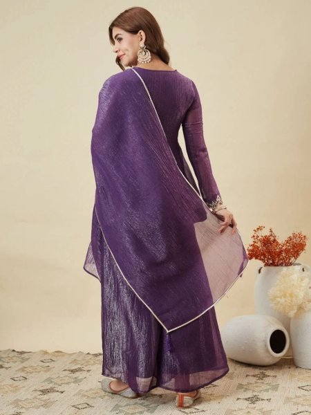 Traditional purple Embroidered Kurti with Dupatta and Bottom Embroidery Kurtis 