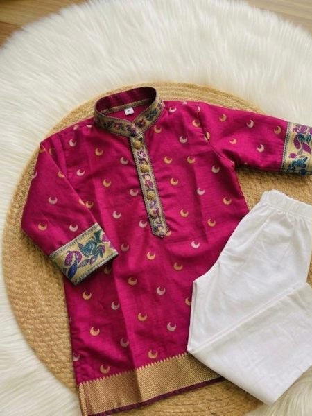 Traditional Rani Pink Boys Ethnic Kurta Set with Drawstring Pant For Wedding Mens Wear