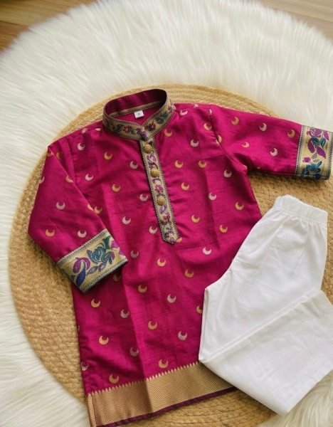 Traditional Rani Pink Boys Ethnic Kurta Set with Drawstring Pant For Wedding Boys Wear