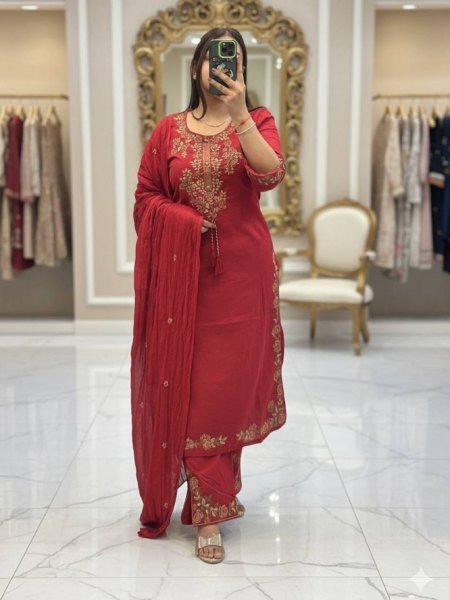 Traditional Rani Pink Embroidered Straight Cut Suit with Palazzo 
