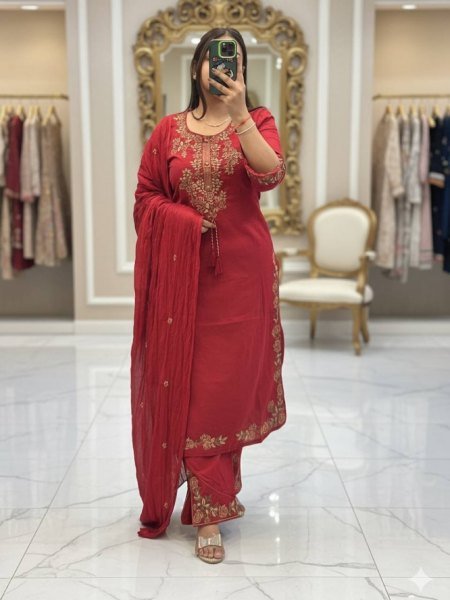 Traditional Rani Pink Embroidered Straight Cut Suit with Palazzo Ready To Wear Collection