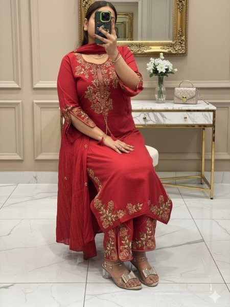 Traditional Rani Pink Embroidered Straight Cut Suit with Palazzo Ready To Wear Collection