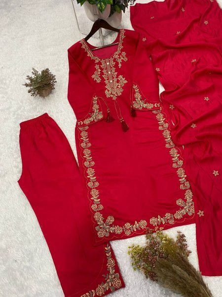Traditional Rani Pink Embroidered Straight Cut Suit with Palazzo Ready To Wear Collection