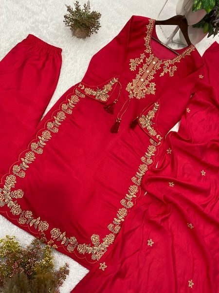 Traditional Rani Pink Embroidered Straight Cut Suit with Palazzo Ready To Wear Collection