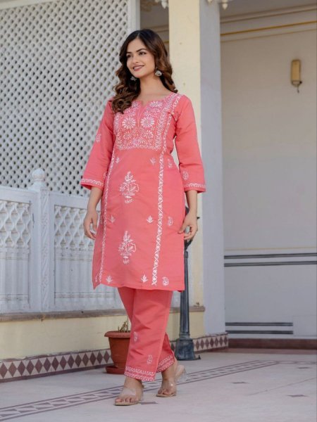 Traditional Ready-to-Wear Pink Roman Silk Embroidered Suit Set with Designer Finish for Women  Kurtis