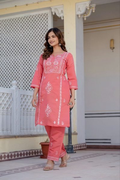 Traditional Ready-to-Wear Pink Roman Silk Embroidered Suit Set with Designer Finish for Women  Embroidery Kurtis 
