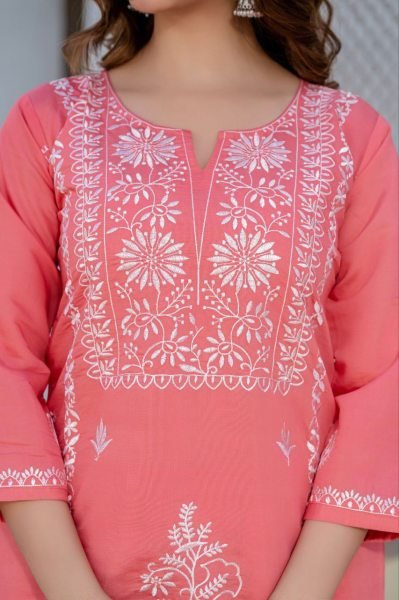 Traditional Ready-to-Wear Pink Roman Silk Embroidered Suit Set with Designer Finish for Women  Embroidery Kurtis 