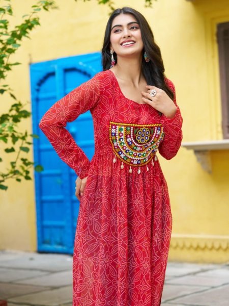 Traditional Red Anarkali Kurti in Bandhej Print Perfect for Navratri Events 