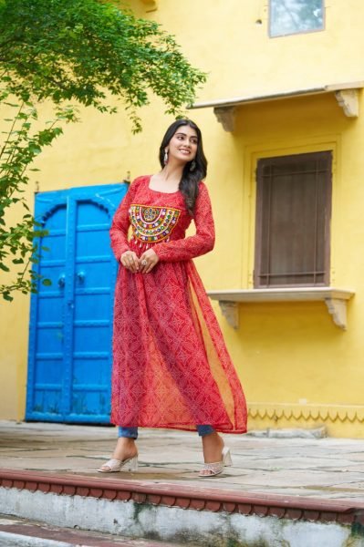 Traditional Red Anarkali Kurti in Bandhej Print Perfect for Navratri Events Navratri Collection