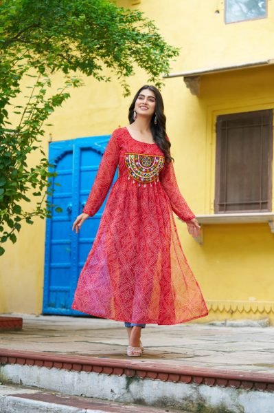 Traditional Red Anarkali Kurti in Bandhej Print Perfect for Navratri Events Navratri Collection