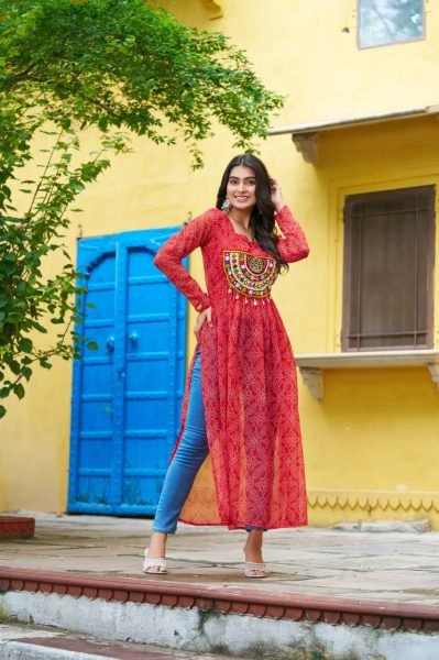 Traditional Red Anarkali Kurti in Bandhej Print Perfect for Navratri Events Navratri Collection