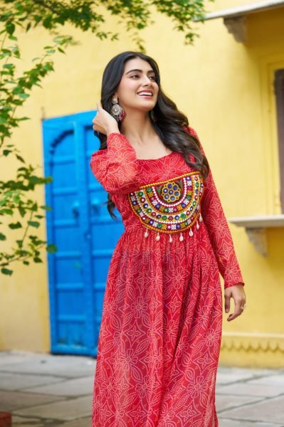 Traditional Red Anarkali Kurti in Bandhej Print Perfect for Navratri Events Navratri Collection