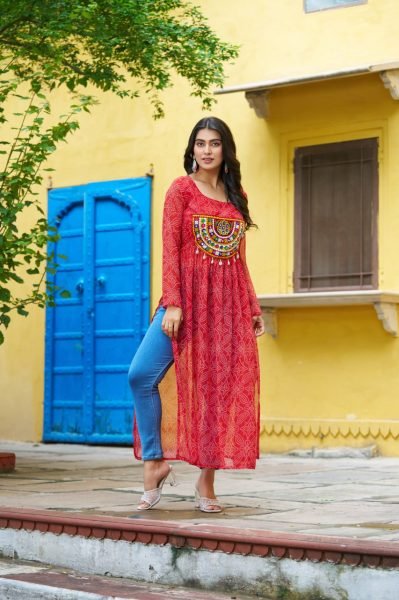 Traditional Red Anarkali Kurti in Bandhej Print Perfect for Navratri Events Navratri Collection