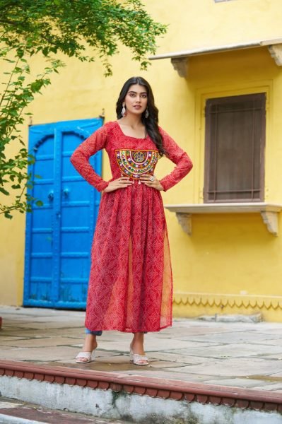 Traditional Red Anarkali Kurti in Bandhej Print Perfect for Navratri Events Navratri Collection
