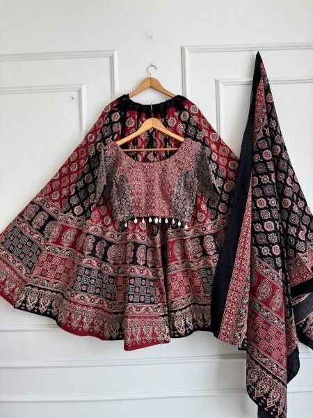 Traditional Red Black Ajrakh Print Chaniya Choli with Shell Work Blouse at Manufacturer   Lehenga