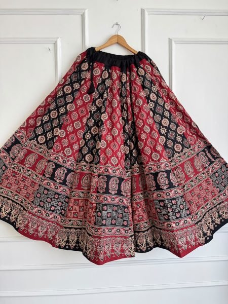 Traditional Red Black Ajrakh Print Chaniya Choli with Shell Work Blouse at Manufacturer  Navratri Lehnega Choli