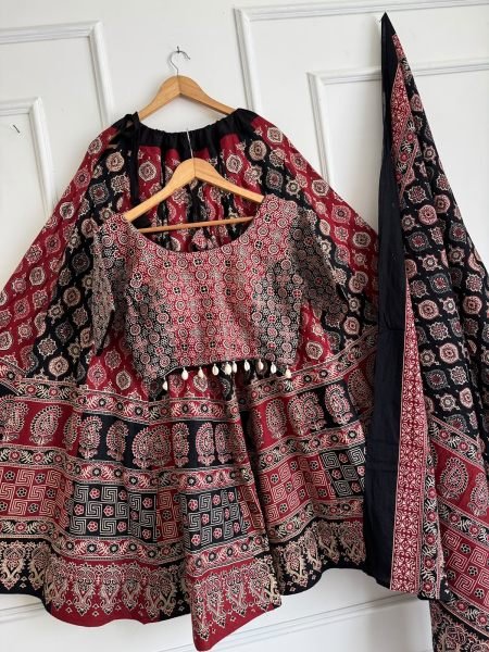 Traditional Red Black Ajrakh Print Chaniya Choli with Shell Work Blouse at Manufacturer  Navratri Lehnega Choli
