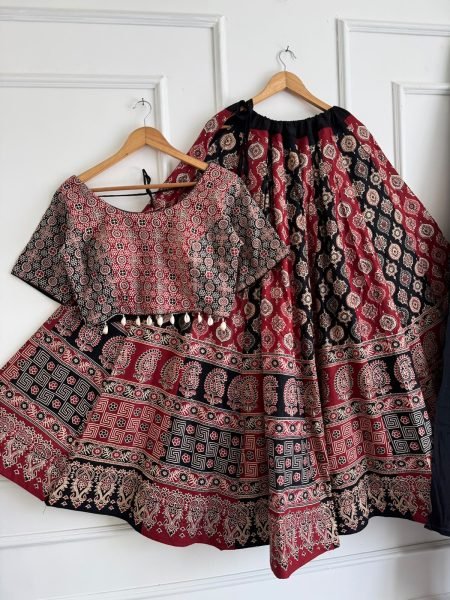 Traditional Red Black Ajrakh Print Chaniya Choli with Shell Work Blouse at Manufacturer  Navratri Lehnega Choli