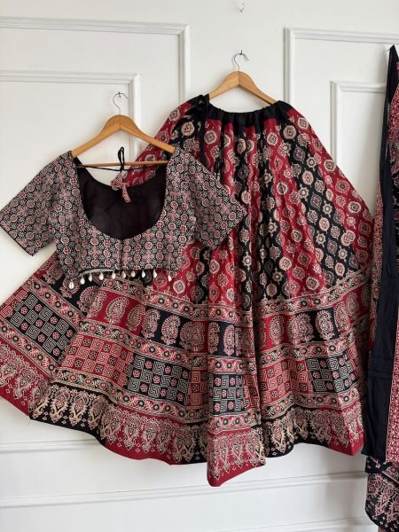 Traditional Red Black Ajrakh Print Chaniya Choli with Shell Work Blouse at Manufacturer  Navratri Lehnega Choli