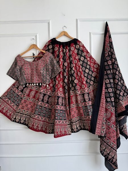Traditional Red Black Ajrakh Print Chaniya Choli with Shell Work Blouse at Manufacturer  Navratri Lehnega Choli