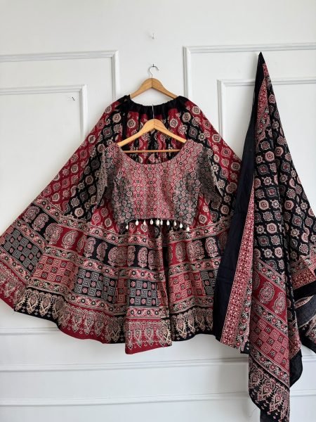 Traditional Red Black Ajrakh Print Chaniya Choli with Shell Work Blouse at Manufacturer  Navratri Lehnega Choli