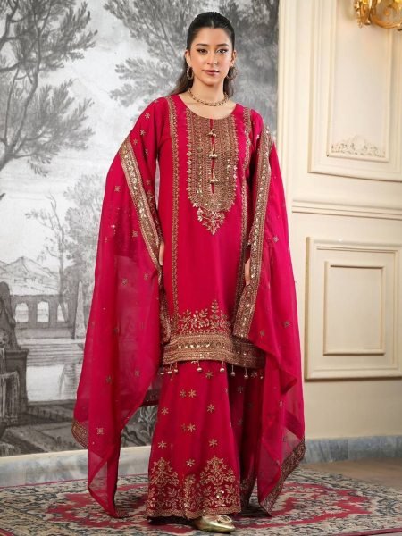 Traditional Red Hand-Embroidered Silk Sharara Suit for Weddings And Festivals  Ready To Wear Suit