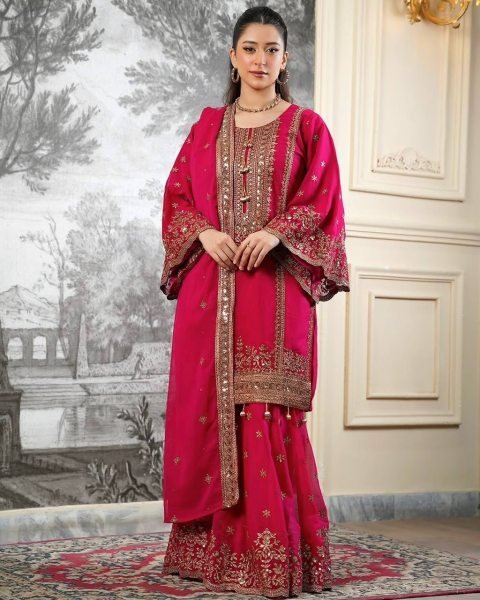 Traditional Red Hand-Embroidered Silk Sharara Suit for Weddings And Festivals  Ready To Wear Collection
