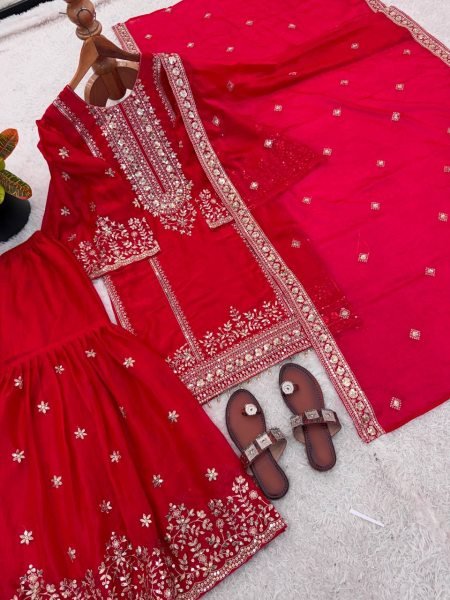 Traditional Red Hand-Embroidered Silk Sharara Suit for Weddings And Festivals  Ready To Wear Collection