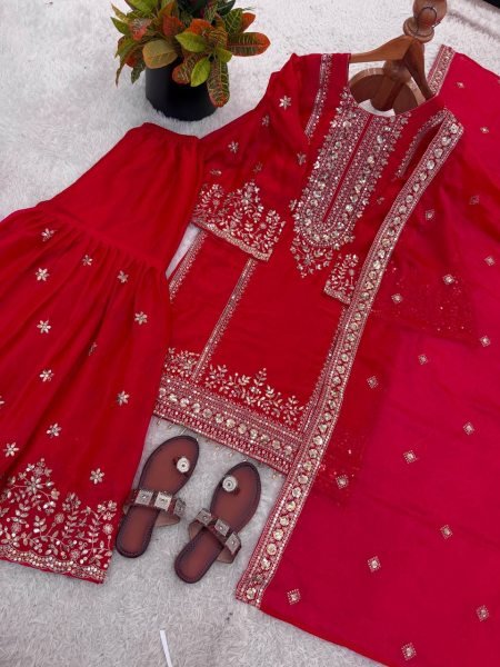 Traditional Red Hand-Embroidered Silk Sharara Suit for Weddings And Festivals  Ready To Wear Collection