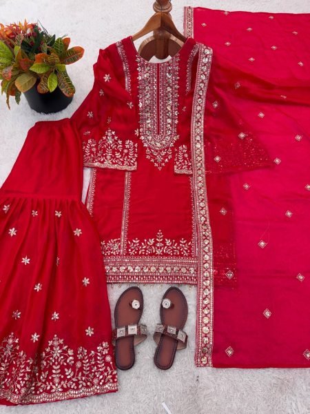 Traditional Red Hand-Embroidered Silk Sharara Suit for Weddings And Festivals  Ready To Wear Collection