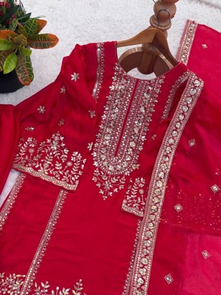 Traditional Red Hand-Embroidered Silk Sharara Suit for Weddings And Festivals  Ready To Wear Collection